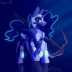 Size: 3000x3000 | Tagged: safe, alternate version, artist:pegasusyay, derpibooru import, princess luna, alicorn, pony, armor, armored pony, female, image, looking at you, mare, png, raised hoof, solo, weapon