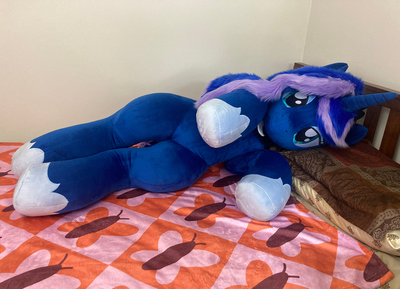 Size: 2377x1721 | Tagged: safe, artist:qtpony, derpibooru import, princess luna, bed, image, irl, jpeg, life size, lying down, photo, plushie, solo