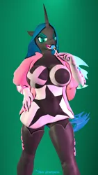 Size: 2160x3840 | Tagged: suggestive, artist:toniscampers, derpibooru import, queen chrysalis, anthro, plantigrade anthro, 3d, big breasts, boots, breasts, busty queen chrysalis, cleavage, clothes, coat, crossover, dress, female, food, hand on hip, helluva boss, image, lidded eyes, looking at you, png, poster, seductive, shoes, simple background, solo, solo female, source filmmaker, sucker