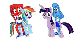 Size: 1024x680 | Tagged: safe, artist:mismisterius, derpibooru import, rainbow dash, twilight sparkle, pegasus, pony, unicorn, bello, bello riding rainbow dash, clothes, cute, dashabetes, female, folded wings, g4, group, image, jammbonian, jammbonians riding ponies, jelly jamm, jpeg, male, mare, mina (jelly jamm), mina riding twilight sparkle, open mouth, open smile, pants, quartet, raised hoof, raised leg, riding, riding a pony, shirt, short pants, simple background, smiling, tanktop, unicorn twilight, white background, wings