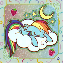 Size: 2898x2898 | Tagged: safe, derpibooru import, official, rainbow dash, pegasus, pony, cloud, eyes closed, female, food, image, kayou, mare, moon, on a cloud, png, scan, sleeping, sleeping on a cloud, sleepydash, solo, stars, sticker, strawberry