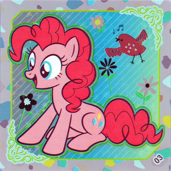 Size: 2898x2893 | Tagged: safe, derpibooru import, official, pinkie pie, bird, earth pony, pony, female, flower, image, kayou, mare, music notes, open mouth, png, scan, sitting, solo