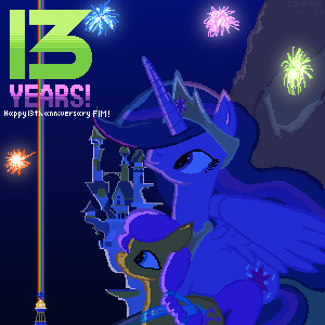 Size: 300x300 | Tagged: safe, artist:squreal, derpibooru import, princess twilight 2.0, sunny starscout, twilight sparkle, twilight sparkle (alicorn), alicorn, earth pony, g5, the last problem, canterlot, crystal brighthouse, fireworks, image, lightly watermarked, mlp fim's thirteenth anniversary, older, older twilight, png, sitting, watermark