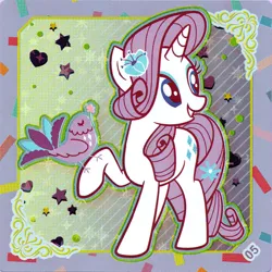 Size: 2898x2898 | Tagged: safe, derpibooru import, official, rarity, bird, pony, unicorn, female, flower, flower in hair, heart, image, kayou, mare, png, raised hoof, scan, solo, stars