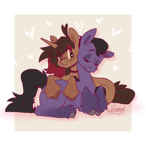 Size: 2000x2000 | Tagged: safe, artist:lionbun, derpibooru import, oc, oc:dreamheart, oc:screaming heart, earth pony, pony, unicorn, couple, cuddling, earth pony oc, female, heart, horn, image, male, mare, married couple, png, sketch, stallion, unicorn oc