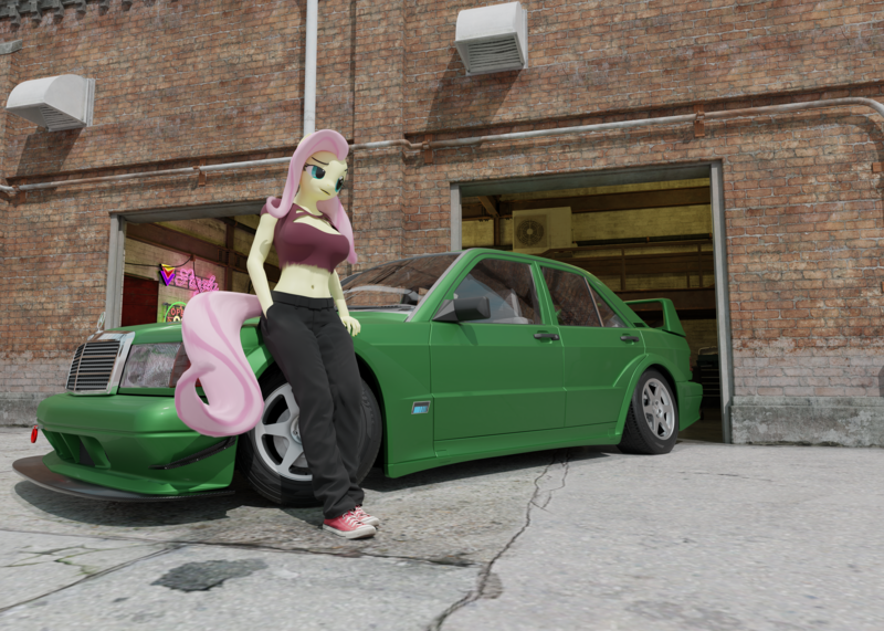Size: 7000x5000 | Tagged: safe, artist:lumimation, derpibooru import, fluttershy, anthro, plantigrade anthro, 3d, absurd file size, absurd resolution, big breasts, blender, blender cycles, breasts, car, clothes, converse, female, garage, hand in pocket, image, leaning, looking away, mercedes, pants, png, pocket, realistic mane, shoes, short shirt, solo, solo female