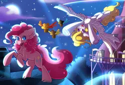Size: 3754x2546 | Tagged: safe, artist:yuris, derpibooru import, pinkie pie, surprise, earth pony, pegasus, pony, do princesses dream of magic sheep, g1, food, frog (hoof), image, mlp fim's thirteenth anniversary, muffin, night, open mouth, png, roof, smiling, spread wings, town hall, tree, underhoof, winged muffin, wings