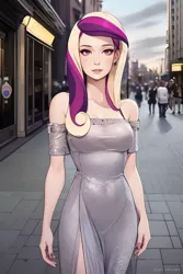 Size: 1024x1536 | Tagged: safe, derpibooru import, editor:sammykun, machine learning generated, princess cadance, ai content, breasts, busty princess cadance, city, clothes, crowd, dress, female, female focus, image, jpeg, long dress, long hair, looking at you, off shoulder, outdoors, prompter:sammykun, reasonably sized breasts, serious, serious face, solo focus, street