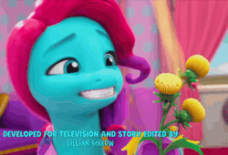Size: 1584x1080 | Tagged: safe, derpibooru import, screencap, g5, my little pony: make your mark, spoiler:g5, spoiler:my little pony: make your mark, spoiler:my little pony: make your mark chapter 5, spoiler:mymc05e05, animated, credits, cropped, gif, grin, image, jazz hooves, mane smelody, my little pony: make your mark chapter 5, nervous, nervous grin, smiling, solo, stink lines, stink thistle, uncomfortable, weeds