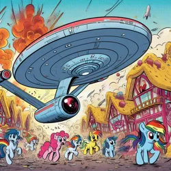 Size: 1024x1024 | Tagged: safe, derpibooru import, machine learning generated, pinkie pie, rainbow dash, earth pony, pegasus, pony, ai content, constitution class, crash, crash landing, female, filly, foal, galloping, generator:bing image creator, image, jpeg, not salmon, panic, panicking, ponyville, prompter:jrshinkansenhorse, running, scared, spaceship, star trek, star trek (tos), starfleet, starship, uss enterprise, wat