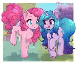 Size: 2433x2000 | Tagged: safe, artist:ponchik_art, derpibooru import, izzy moonbow, pinkie pie, earth pony, pony, unicorn, g5, blurry background, bracelet, chest fluff, crossover, ear fluff, female, full body, g4, happy, image, izzy and her heroine, jewelry, jumping, looking at each other, looking at someone, mare, mlp fim's thirteenth anniversary, open mouth, png, shadow, sparkles, teeth, unshorn fetlocks