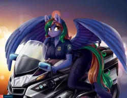 Size: 2793x2152 | Tagged: safe, artist:lifejoyart, derpibooru import, ponerpics import, oc, oc:twisted cyclone, unofficial characters only, anthro, pegasus, pony, unguligrade anthro, :3, anthro oc, badge, blushing, bmw, bmw r1200rt, bow, breasts, clothes, commission, cute, ear fluff, female, hair bow, image, jpeg, looking at you, mare, motorcycle, pants, police, police officer, police uniform, shirt, smiling, solo, ych result