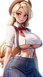Size: 512x912 | Tagged: suggestive, derpibooru import, machine learning generated, stable diffusion, applejack, human, ai content, applejack's hat, belly button, big breasts, bowtie, breasts, busty applejack, clothes, cowboy hat, denim, denim skirt, female, freckles, hat, humanized, image, looking at you, midriff, png, prompter:cloudmaster316, shirt, short shirt, simple background, skirt, solo, solo female, suspenders, underboob, white background, white shirt