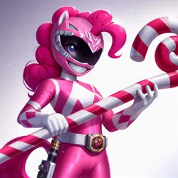 Size: 1024x1024 | Tagged: safe, derpibooru import, pinkie pie, human, ai content, candy, candy cane, food, generator:dall-e 3, humanized, image, jpeg, power rangers, solo