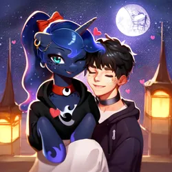 Size: 3072x3072 | Tagged: safe, derpibooru import, machine learning generated, princess luna, alicorn, human, pony, ai content, black hair, clothes, cute, ear piercing, floating heart, freckles, generator:pony diffusion v5, goth, heart, hoodie, hug, human and pony, image, jacket, lunabetes, male, moon, night, piercing, png, shipping, stars