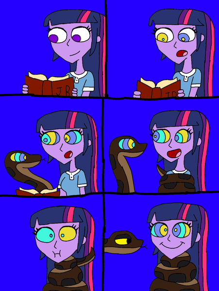 Size: 769x1024 | Tagged: safe, artist:beecartoonist13, derpibooru import, twilight sparkle, human, equestria girls, alternate clothes, blue background, book, coils, hypno eyes, hypnolight sparkle, hypnosis, hypnotized, image, kaa, kaa eyes, png, reading, simple background, smiling, squeezing, the jungle book, wrapped up