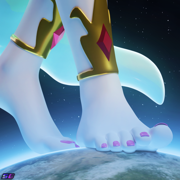 Size: 2160x2160 | Tagged: suggestive, artist:shadowboltsfm, derpibooru import, princess celestia, anthro, plantigrade anthro, 3d, barefoot, bigger than a planet, blender, earth, feet, female, fetish, foot fetish, foot focus, giant anthro, giantess, glow, glowing tail, high res, image, jewelry, macro, not sfm, png, tail, toes