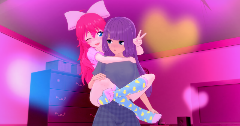 Size: 4096x2160 | Tagged: safe, artist:mtakara, derpibooru import, maud pie, pinkie pie, human, 3d, clothes, female, hug, humanized, image, koikatsu, leg hug, one eye closed, png, siblings, sisters, socks, wink