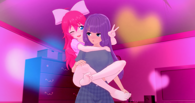 Size: 4096x2160 | Tagged: safe, artist:mtakara, derpibooru import, maud pie, pinkie pie, human, 3d, anime, barefoot, feet, female, hug, humanized, image, koikatsu, leg hug, png, siblings, sisters