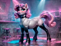 Size: 4096x3072 | Tagged: safe, derpibooru import, machine learning generated, sweetie belle, unicorn, ai content, blushing, choker, clothes, curly hair, curly mane, full body, green eyes, horn, image, latex, latex stockings, light skin, makeup, missing cutie mark, nightclub, pink hair, png, prompter:kalmar, socks, solo, standing, stockings, thigh highs