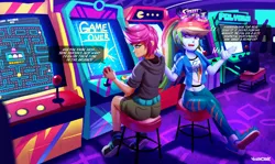 Size: 3671x2182 | Tagged: safe, artist:ichimoral, derpibooru import, rainbow dash, scootaloo, human, equestria girls, arcade, arcade cabinet, arcade game, breasts, caption, clothes, collar, commission, converse, dialogue, duo, english, female, game over, hair, high res, hoodie, image, indoors, jpeg, leggings, pac-man, pants, shirt, shoes, shorts, sitting, smiling, sweater, teenager, text, tomboy