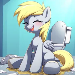 Size: 1024x1024 | Tagged: suggestive, derpibooru import, machine learning generated, derpy hooves, pegasus, pony, accident, ai content, blushing, female, i just don't know what went wrong, image, jpeg, peeing on the floor, pissing, potty emergency, potty failure, potty time, puddle, relief, sitting, solo, tail, toilet, urine, wet