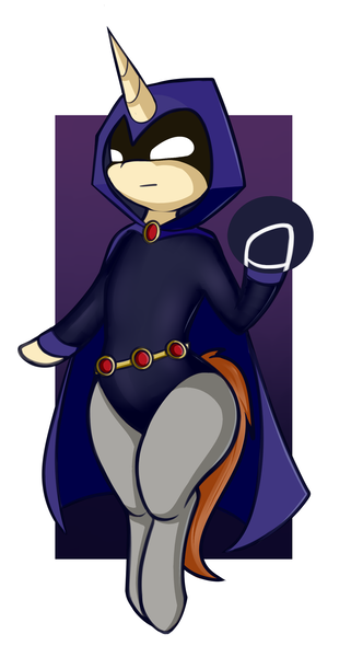 Size: 1579x2947 | Tagged: safe, artist:andelai, derpibooru import, oc, oc:celice, unicorn, cape, clothes, cosplay, costume, dc comics, female, hood, hooded cape, horn, image, leotard, magic, png, raven (dc comics), simple background, teen titans