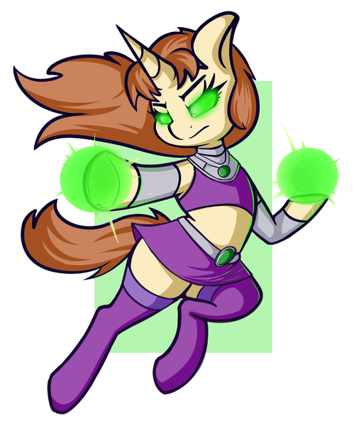 Size: 2017x2377 | Tagged: safe, artist:andelai, derpibooru import, oc, oc:celice, semi-anthro, clothes, cosplay, costume, dc comics, female, glow, glowing eyes, horn, image, magic, png, skirt, socks, solo, starfire, teen titans, thigh highs