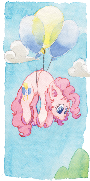 Size: 693x1391 | Tagged: safe, artist:lost marbles, derpibooru import, pinkie pie, earth pony, pony, balloon, cloud, female, floating, image, png, solo, then watch her balloons lift her up to the sky, traditional art, watercolor painting