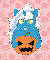 Size: 527x637 | Tagged: safe, artist:cute-little-star97, derpibooru import, oc, oc:fleurbelle, unofficial characters only, alicorn, pony, alicorn oc, bow, female, hair bow, halloween, holiday, horn, image, mare, pink background, png, pumpkin, simple background, solo, wings, yellow eyes