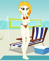 Size: 1249x1555 | Tagged: suggestive, artist:robertsonskywa1, derpibooru import, equestria girls, g5, my little pony: tell your tale, beach, bikini, bucket, chair, clothes, equestria girls-ified, female, flare (g5), g5 to equestria girls, generation leap, hot day huh?, image, jpeg, orange swimsuit, photo, shrug, solo, sports, swimsuit, volleyball, volleyball net