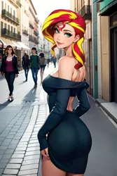 Size: 1024x1536 | Tagged: safe, derpibooru import, editor:sammykun, machine learning generated, sunset shimmer, human, ai content, ass, barcelona, bareback, beautiful, breasts, building, bunset shimmer, busty sunset shimmer, butt, city, clothes, crowd, female, humanized, image, long sleeves, looking at you, looking back, looking back at you, off shoulder, off shoulder sweater, outdoors, png, prompter:sammykun, reasonably sized breasts, solo focus, sweater, sweater dress
