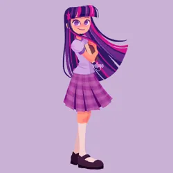 Size: 1500x1500 | Tagged: safe, artist:vollogo, derpibooru import, twilight sparkle, human, alternate hairstyle, blushing, book, clothes, cute, female, flats, humanized, image, png, purple background, shirt, shoes, simple background, skirt, socks, solo, stockings, t-shirt, thigh highs