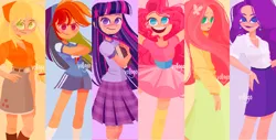 Size: 3589x1826 | Tagged: safe, artist:vollogo, derpibooru import, applejack, fluttershy, pinkie pie, rainbow dash, rarity, twilight sparkle, human, alternate hairstyle, bandana, belt, blushing, book, boots, clothes, crossed arms, cute, denim, denim skirt, ear piercing, earring, eyeshadow, female, freckles, humanized, image, jewelry, lipstick, makeup, mane six, nail polish, necklace, open mouth, piercing, png, raribetes, shirt, shoes, shorts, skirt, socks, sports shorts, stockings, sweater, sweatershy, t-shirt, thigh highs