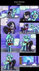 Size: 1602x2874 | Tagged: safe, artist:esuka, derpibooru import, lyra heartstrings, octavia melody, pony, ask-canterlot-musicians, clothes, hug, image, png, scarf