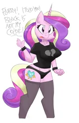 Size: 1200x1880 | Tagged: suggestive, artist:flutterthrash, derpibooru import, princess cadance, alicorn, anthro, annoyed, black underwear, breasts, busty princess cadance, clothes, dialogue, female, g4, horn, image, implied flurry heart, open mouth, panties, png, shirt, simple background, socks, solo, solo female, stockings, t-shirt, tail, thigh highs, underwear, white background