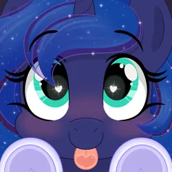 Size: 2048x2048 | Tagged: safe, artist:emberslament, derpibooru import, princess luna, alicorn, pony, :p, blushing, cute, happy, heart, heart eyes, heart tongue, image, licking, licking the fourth wall, lunabetes, png, solo, sparkly mane, tongue out, underhoof, wingding eyes