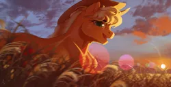 Size: 4473x2287 | Tagged: safe, artist:applehare, derpibooru import, applejack, earth pony, pony, cloud, female, field, high res, image, lens flare, looking at you, mare, open mouth, png, smiling, smiling at you, solo, sunset