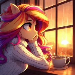 Size: 1024x1024 | Tagged: safe, derpibooru import, machine learning generated, sunset shimmer, human, ai content, beautiful, beautiful eyes, building, close-up, clothes, coffee mug, humanized, image, jpeg, mug, rain, sunset, sweater, window, yellow eyes