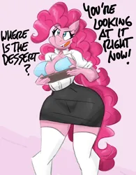 Size: 2500x3200 | Tagged: suggestive, artist:flutterthrash, derpibooru import, pinkie pie, anthro, earth pony, plantigrade anthro, bra, breasts, busty pinkie pie, clothes, dialogue, female, g4, image, large order of milk, nylon, open mouth, open smile, pencil skirt, png, shirt, skirt, smiling, socks, solo, solo female, tail, thigh highs, underwear