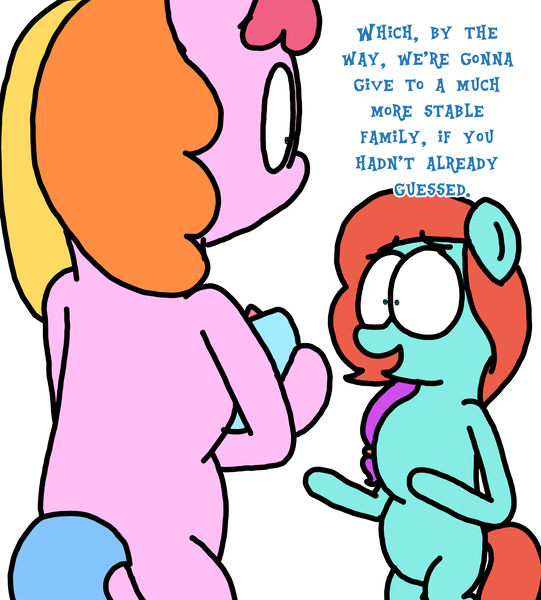 Size: 3023x3351 | Tagged: safe, artist:professorventurer, derpibooru import, toola roola, oc, oc:velvet petals, earth pony, pony, unicorn, series:ask pippamena, g5, baby, baby pony, dialogue, female, foal, happy, horn, image, implied zipp storm, jazz hooves, mare, open mouth, open smile, png, smiling