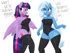 Size: 2500x1875 | Tagged: suggestive, artist:flutterthrash, derpibooru import, trixie, twilight sparkle, twilight sparkle (alicorn), alicorn, anthro, unicorn, breasts, busty trixie, busty twilight sparkle, clothes, dialogue, digital art, duo, duo female, female, friends with benefits, horn, image, leotard, lesbian, open mouth, png, ship:twixie, shipping, simple background, socks, stockings, tail, talking, text, thigh highs, thighs, white background, wide hips