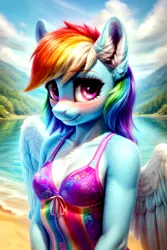 Size: 768x1152 | Tagged: safe, derpibooru import, machine learning generated, stable diffusion, rainbow dash, anthro, pegasus, ai content, beach, blushing, breasts, bust, chest fluff, cleavage, clothes, cloud, cute, ear fluff, forest, forest background, image, lake, looking at you, png, prompter:endless--, sand, shirt, sky, small breasts, smiling, smiling at you, solo, spread wings, swimsuit, tree, water, wings