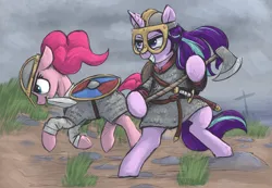 Size: 3000x2070 | Tagged: safe, artist:t72b, derpibooru import, pinkie pie, starlight glimmer, earth pony, pony, unicorn, armor, axe, belt, bipedal, chainmail, female, galloping, grass, grin, helmet, historical roleplay starlight, hoof hold, image, mare, mouth hold, ocean, png, scale mail, shield, smiling, sword, viking, water, weapon, wind, windswept mane