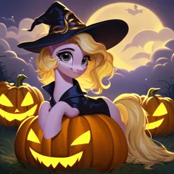 Size: 4096x4096 | Tagged: safe, derpibooru import, machine learning generated, stable diffusion, oc, oc:sophie hoofington, earth pony, pony, ai content, clothes, costume, female, generator:purplesmart.ai, halloween, halloween costume, hat, holiday, image, jpeg, leaning, leaning over, looking at you, moon, night, pumpkin, smiling, smiling at you, solo, solo female, witch hat