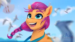 Size: 1920x1080 | Tagged: safe, artist:mythicalartist_, derpibooru import, sunny starscout, bird, earth pony, pony, seagull, g5, 2022, bust, cute, female, image, looking up, mare, open mouth, open smile, png, smiling, solo, sunnybetes, wind, windswept mane