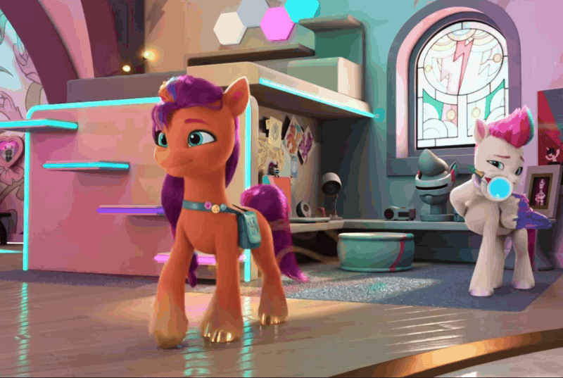 Size: 1512x1014 | Tagged: safe, derpibooru import, screencap, sunny starscout, zipp storm, g5, my little pony: make your mark, spoiler:g5, spoiler:my little pony: make your mark, spoiler:my little pony: make your mark chapter 5, spoiler:mymc05e05, animated, bust, computer, cropped, gif, hoof polish, image, laptop computer, magnifying glass, mane smelody, my little pony: make your mark chapter 5, picture frame, smelly, smelly hooves, stained glass, stink lines, tongue out, visible stench, visor, window