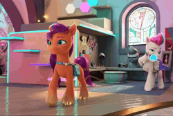 Size: 1512x1014 | Tagged: safe, derpibooru import, screencap, sunny starscout, zipp storm, g5, my little pony: make your mark, spoiler:g5, spoiler:my little pony: make your mark, spoiler:my little pony: make your mark chapter 5, spoiler:mymc05e05, animated, bust, computer, cropped, gif, hoof polish, image, laptop computer, magnifying glass, mane smelody, my little pony: make your mark chapter 5, picture frame, smelly, smelly hooves, stained glass, stink lines, tongue out, visible stench, visor, window