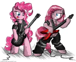 Size: 1000x813 | Tagged: safe, artist:flutterthrash, derpibooru import, pinkie pie, earth pony, pony, semi-anthro, arm hooves, duality, duo, duo female, electric guitar, female, g4, guitar, heavy metal, image, mare, musical instrument, open mouth, pinkamena diane pie, png, rock (music), sharp teeth, tail, teeth, thrash metal