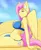 Size: 2272x2800 | Tagged: suggestive, artist:wajchqa, derpibooru import, fluttershy, anthro, pegasus, beach, belly button, big breasts, bikini, blue swimsuit, breasts, busty fluttershy, clothes, crotch bulge, ear fluff, futa, futa fluttershy, image, implied futa, intersex, png, shoulder fluff, sideboob, sitting, solo, swimsuit